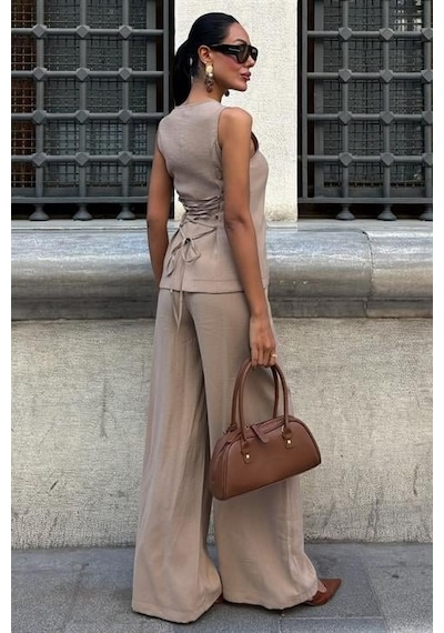 Moderie Butik Arkası Bağcıklı Yelek Plazza Pantolon Modal Takım 10202-08 Vi Zon