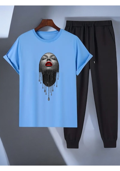 Uyguntarz Unisex Pırlantalı Kadın Portresi Tasarım Basklı Tshirt Eşofman Takımı Bebe Mavi
