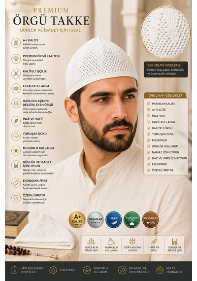 Premium Örgü Takke Nefes Alan İnce Ve Hafif Erkek Takkesi Beyaz Yeşil