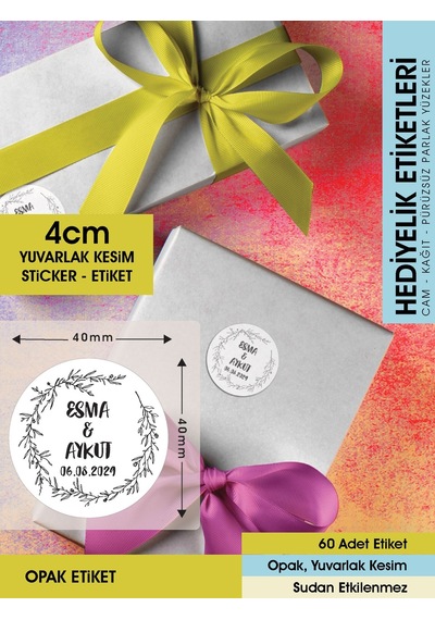 Çelenk Çiçek Motifli Etiket Modeli Ürünlerinize Özel 4 Cm - 60 Adet Opak Sticker Siyah - Beyaz