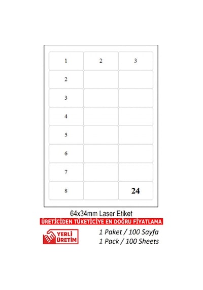 Tw-2024 Ebat 64 X 34 MM Lazer Etiket A4 Sayfada 24 Etiket