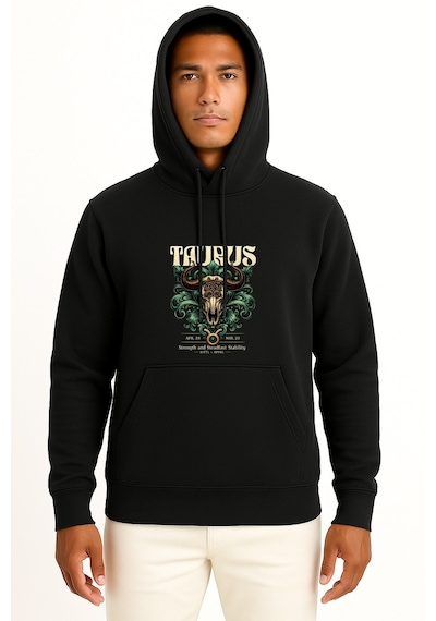 Bahriyeli Collection Kapüşonlu Boğa Burcu Zodiac Taurus Göğüs Baskılı Unisex Sweatshirt Siyah
