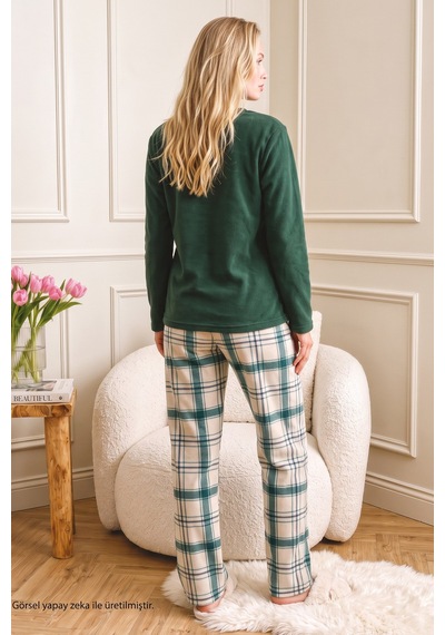 Siyah İnci Yeşil Nakışlı Alt-üst Polar Kışlık Örme Pijama Takım 26222121