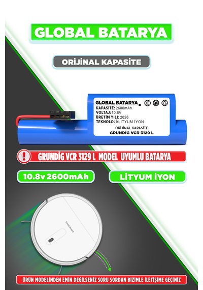 Grundig Vcr 3129 L Uyumlu Robot Süpürge Bataryası 10.8v 2600mah Li-ion Pil  Kapasite