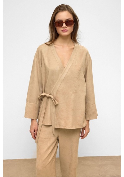 Olcay Önü Bağlamalı Süet Görünümlü Kimono İkili Takım Taş 9366-tk