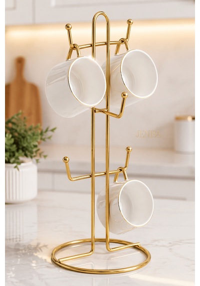 Metal Kupa Askılığı 6 Lı Gold Fincan Standı, Tezgah Üstü Bardak Tutucu Sunumluk Altın