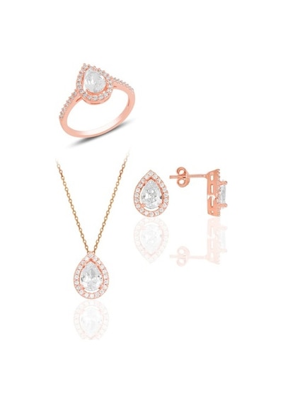 Gümüş Rose Zirkon Taşlı Damla Modeli Üçlü Set