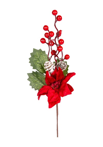 Yılbaşı Çiçeği Pike Berry Puansetyalı Karlı Kozalaklı Kırmızı-yeşil 30 Cm.