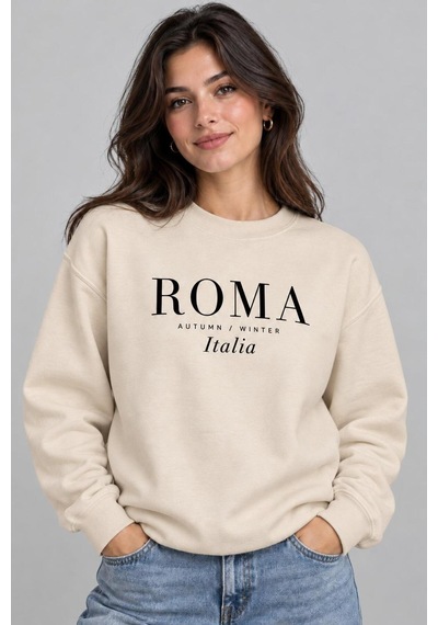 Gıovera Roma Şehir Koleksiyonu Pamuklu Bisiklet Yaka Kadın Sweatshirt Bej