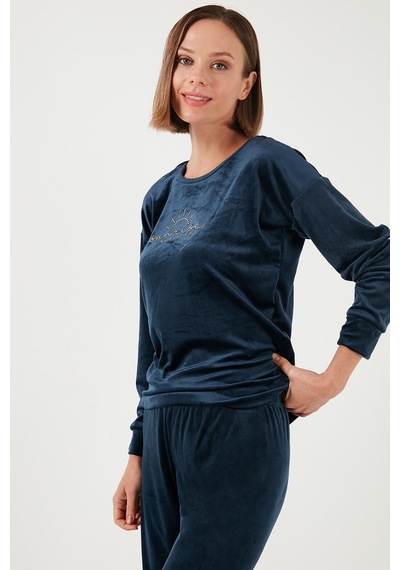 Lela Standart Fit Bisiklet Yaka Yumuşak Kadife Bayan Pijama Takımı 6094201 Lacivert