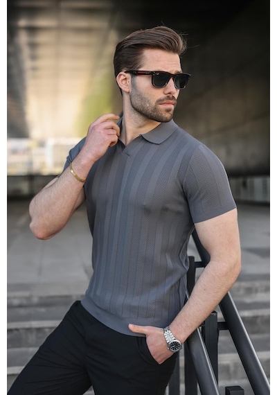 Madmext Antrasit Slim Fit Polo Yaka Triko Erkek Tişört E7491