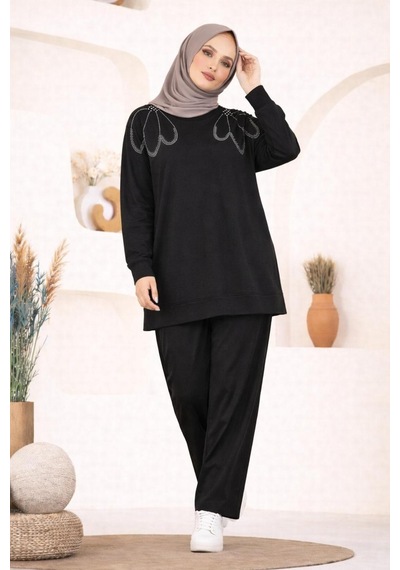 Hira Life Fashion Kadın Omzu Taşlı Ve Manşet Kol Tunik-pantolon İkili Takım Siyah Siyah