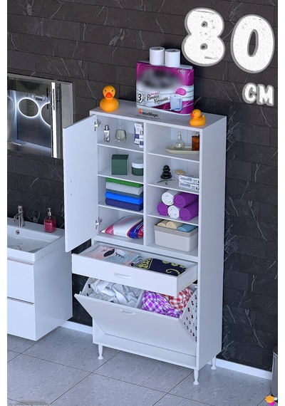 Afra 80 Cm 2 Gözlü Kirli Çamaşır Sepet, 1 Kapak Ve Çekmeceli 8 Raflı Çok Amaçlı Banyo Dolabı Beyaz Afra 80 Cm 2 Gözlü Kirli Çamaşır Sepet, 1 Kapak Ve Çekmeceli 8 Raflı Çok Amaçlı Banyo Dolabı Beyaz