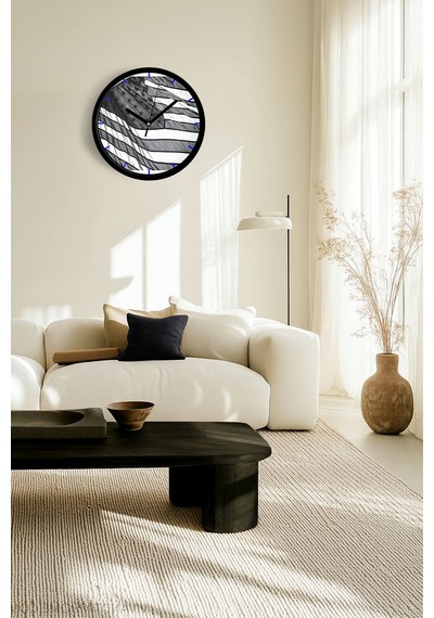 Siyah Beyaz Amerikan Bayrağı Modern Duvar Saati - 25cm - Önü Camlı Siyah Kasa-jh0664 Siyah