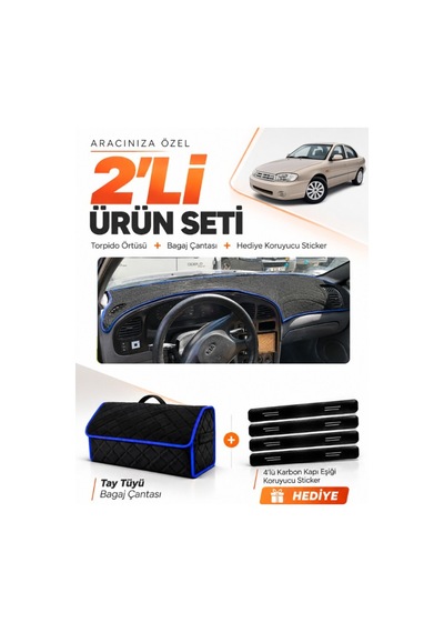 E-biz Kia Sephia 1998-2004 Uyumlu Torpido Örtüsü + Tay Tüyü Bagaj Çantası - Siyah-mavi - Kı016