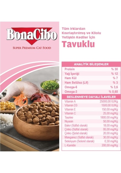 Bonacibo Kısırlaştırılmış Tavuklu Kedi Maması 2 Kg + 6 Adet 400 Gr Ciğerli Yaş Mama