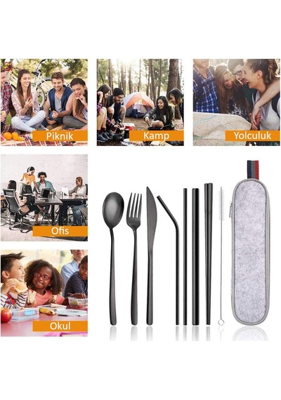 Valkyrie 8 Parça Çantalı Yolculuk Çatal Bıçak Kaşık Pipet Chopstick Seti Kamp Okul Ofis Tatil Paslanmaz Çelik Siyah Siyah