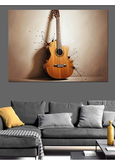Duvara Dayalı Klasik Gitar Müzik Enstrümanı Görseli Dekoratif Kanvas - Mdf Ahşap Tablo