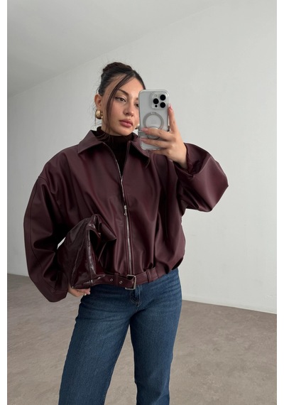 Pop Story Kadın Oversize Bomber Premium Deri Ceket Kemerli Bordo Bordo