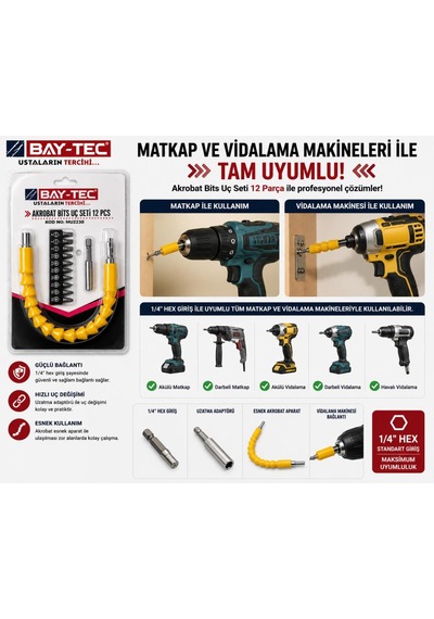 Bay-tec Mu2230 Akrobat Bits Uç Seti 12 Parça Esnek Şaftlı Dar Alan Vidalama Ve Matkap Uç Seti