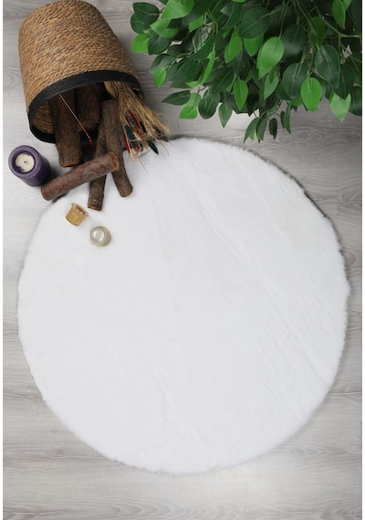 Dekoratif Tavşan Tüyü Ultra Yumuşak Peluş Yuvarlak Halı Beyaz