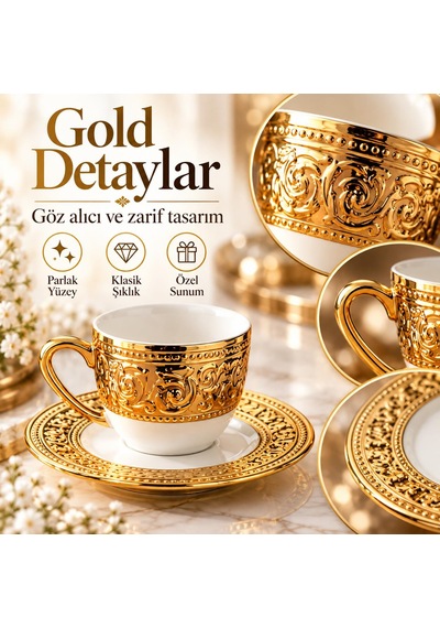 Valkyrie Harem Serisi 6 Kişilik 12 Parça Kahve Fincan Takımı Gold Detaylı Şık Fincan Seti Beyaz Altın
