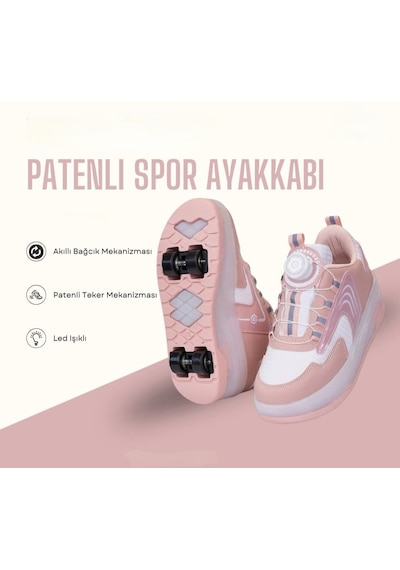 Kız Çocuk Patenli Işıklı Rahat Spor Ayakkabı&Yeni Model Tarz Patenli Kaykay Tekerlekli Pudra Pembe