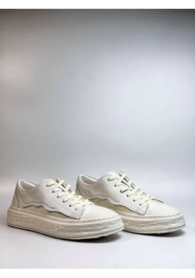 Daytex 2474 Togga - Hakiki Deri Detaylı Keten Fileli Ortopedik İthal Kalın Eva Taban Hafif Erkek Spor Sneaker Ayakkabı Beyaz
