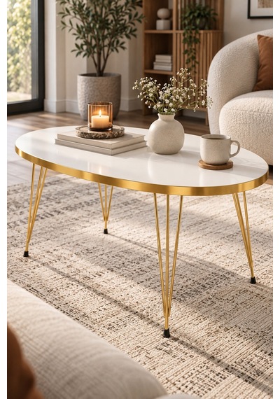 Sulorahome Elips Gold Beyaz Orta Sehpa Beyaz - Altın