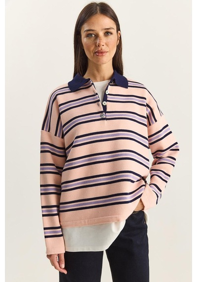 Shade Polo Yaka Çizgili Basic Triko Kazak 20258061 - Pembe