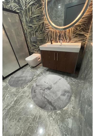 2li Yuvarlak Banyo Paspası Klozet Seti Takımı 80x80 Ve 100x100 Gri