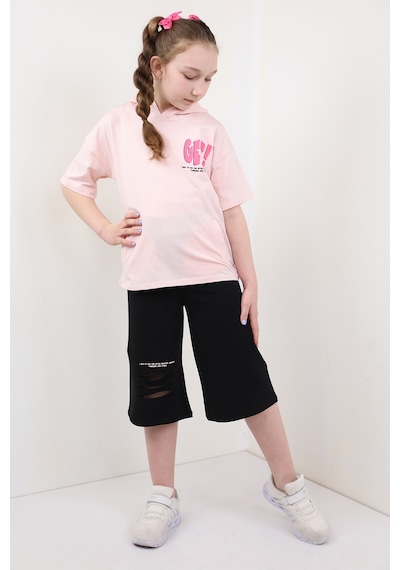 Toontoy Kids Toontoy Kız Çocuk 2'li Takım Baskılı Kapüşonlu Cepli T-shirt & Beli Lastikli Kapri Şort - Lazer Kesim Detaylı Pudra Toontoy Kids Toontoy Kız Çocuk 2'li Takım Baskılı Kapüşonlu Cepli T-shirt & Beli Lastikli Kapri Şort - Lazer Kesim Detaylı Pudra