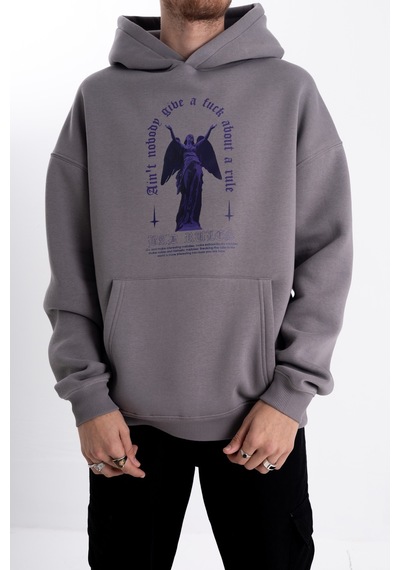 Unisex Mor Melek Baskı Kapşonlu Sweatshirt Gri