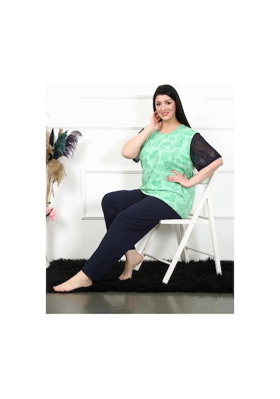 Akbeniz Kadın 5xl-6xl-7xl-8xl Büyük Beden Kısa Kol Pijama Takım 75004-yeşil Yeşil