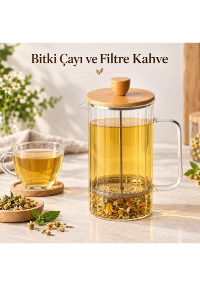 Bambu Kapaklı French Press, 1000 Ml Borosilikat Cam Filtre Kahve Ve Bitki Çayı Demliği, Cam Kulplu, Manuel Pres Filt Diğer