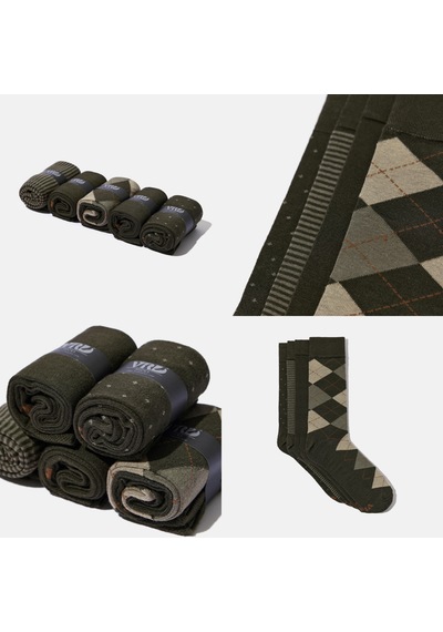 Erkek Bambu Çorap 5'li Paket Dikişsiz Uzun Soket Çorap Haki Petek Desenli 40-44 Kutulu Premium