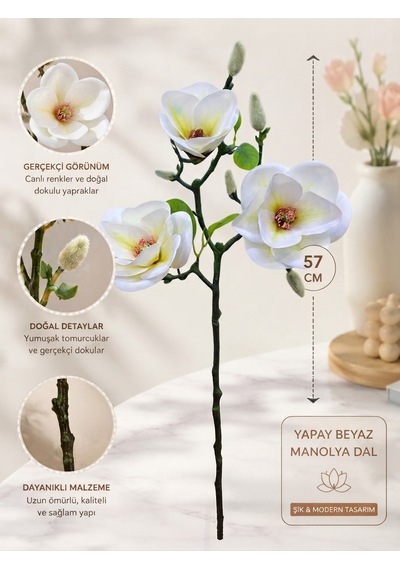 Yapay Beyaz Manolya Dal 57 Cm