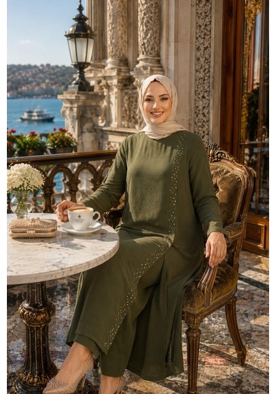 Hb Harma Time Butik Kadın İnci İşlemeli Haki Tunik-pantolon İkili Takım