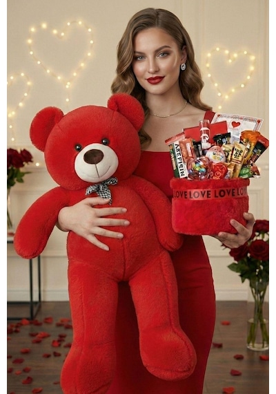 Kadınlar Günü Özel: 90 Cm Peluş Ayı Kırmızı Love Yazılı Tatlı Çikolata Sepeti Sevgiliye Hediye