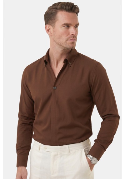 Deepsea Kahve Slim Fit Kolay Ütülenebilir Açık Dik Yaka Likralı Erkek Gömlek 2602615