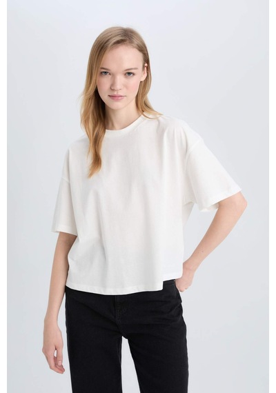 DeFacto Coool Loose Fit Bisiklet Yaka Basic Düz Kalın Kumaş Kısa Kollu Beyaz Tişört E0291AX25SMWT32