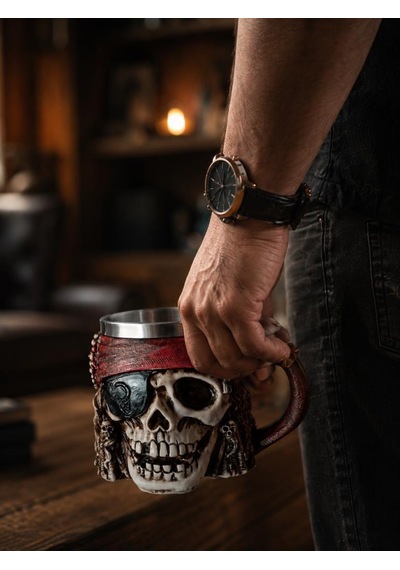 Korsan Kuru Kafa Kupa Bardak 400 Ml Paslanmaz Çelik İç Hazneli Dekoratif Skull Mug Kahve Çay Kupası