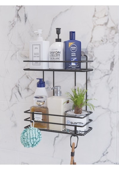 Suntel Yapışkanlı Banyo Rafı Siyah + 2 Adet S Kanca Hediye Siyah