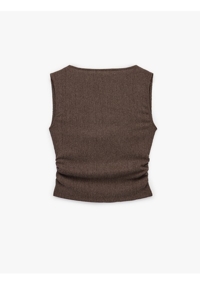 Koton Büzgülü Kayık Yaka Slim Fit Bürümcük Kolsuz Bluz Kahverengi 6sal30170ık Kahve