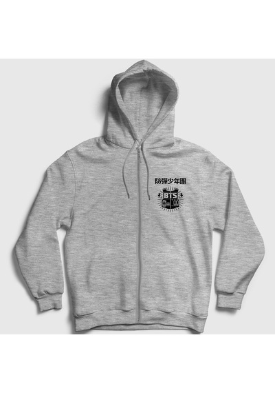 Presmono Unisex Vest Bts Fermuarlı Kapüşonlu Sweatshirt Gri Melanj