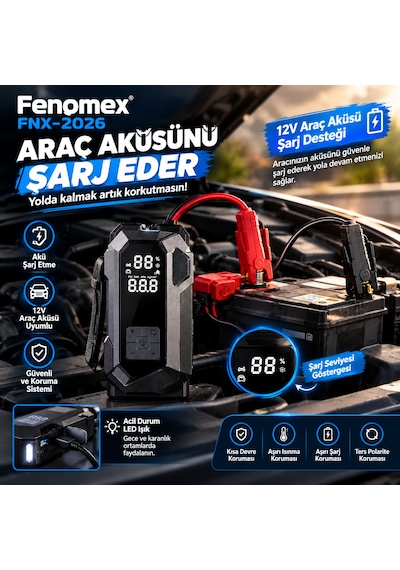 Fenomex Fnx-2026 18000 Mah 12v Taşınabilir 4'ü 1 Arada Akü Takviye Cihazı Ve Hava Kompresörü Powerbank Fener