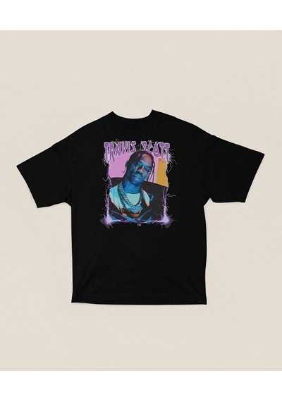 Şarkıcı Travis Scott Baskılı Unisex Oversize Rapper Tişört Siyah