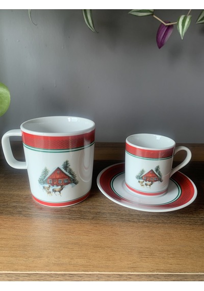 Yeni Yıl-noel Geyikli Ev Model 6 Parça 2 Kişilik Kupa Ve Türk Kahvesi Fincanı Takımı Çok Renkli