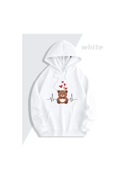 Nevermind Sevgili Çift Kombini Ayıcık Kalpli Hoodie Kapüşonlu Sweatshirt 2l Beyaz
