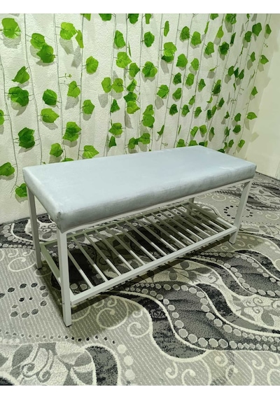 Özcan Metal Beyaz Metal Ayaklı Raflı Bench Puf Bank Antre Mutfak Salon Yatak Odası Puf Bank 105 40 Gümüş